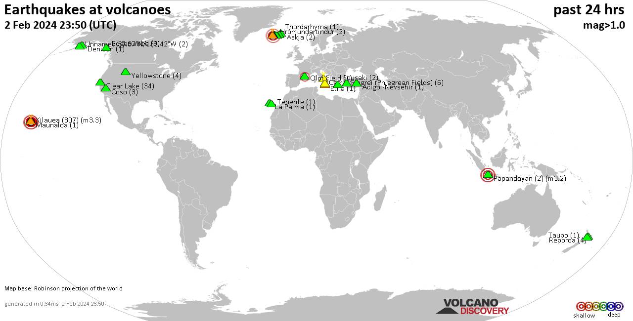 World map showing volcanoes with shallow (less than 50 km) earthquakes within 20 km radius  during the past 24 hours on  2 Feb 2024 Number in brackets indicate nr of quakes.