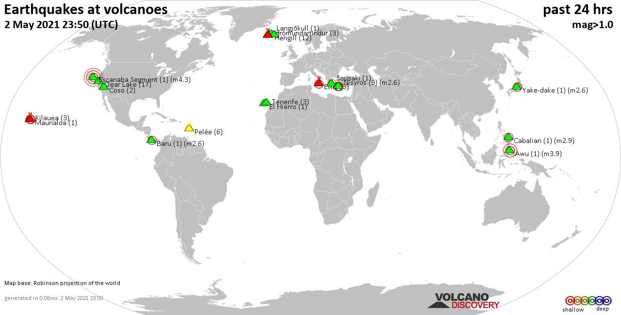 World map showing volcanoes with shallow (less than 20 km) earthquakes within 20 km radius  during the past 24 hours on  2 May 2021 Number in brackets indicate nr of quakes.