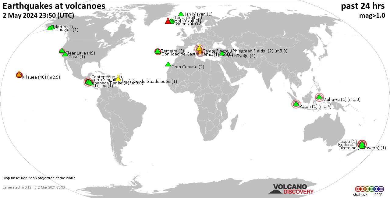 World map showing volcanoes with shallow (less than 50 km) earthquakes within 20 km radius  during the past 24 hours on  2 May 2024 Number in brackets indicate nr of quakes.