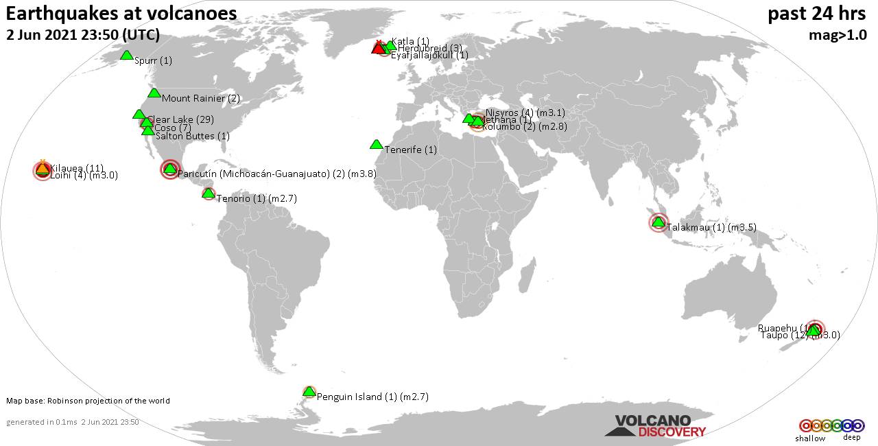 World map showing volcanoes with shallow (less than 20 km) earthquakes within 20 km radius  during the past 24 hours on  2 Jun 2021 Number in brackets indicate nr of quakes.