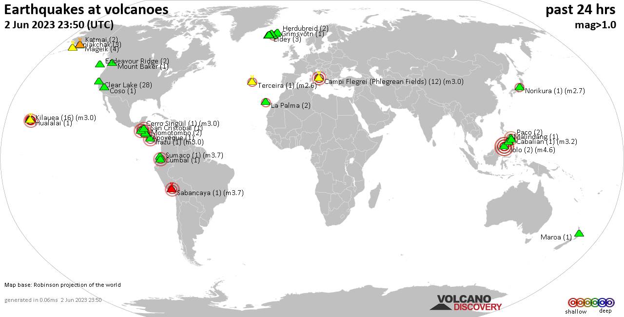 World map showing volcanoes with shallow (less than 50 km) earthquakes within 20 km radius  during the past 24 hours on  2 Jun 2023 Number in brackets indicate nr of quakes.