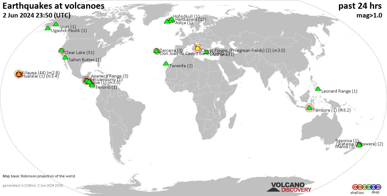 World map showing volcanoes with shallow (less than 50 km) earthquakes within 20 km radius  during the past 24 hours on  2 Jun 2024 Number in brackets indicate nr of quakes.