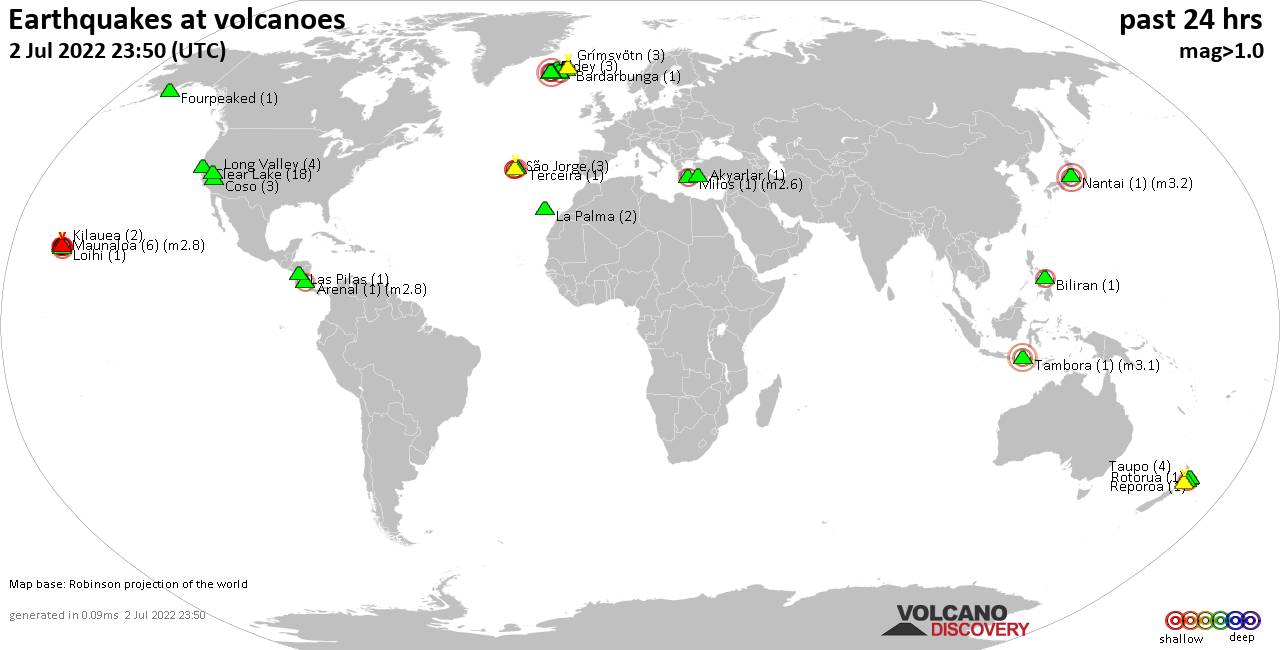 World map showing volcanoes with shallow (less than 50 km) earthquakes within 20 km radius  during the past 24 hours on  2 Jul 2022 Number in brackets indicate nr of quakes.