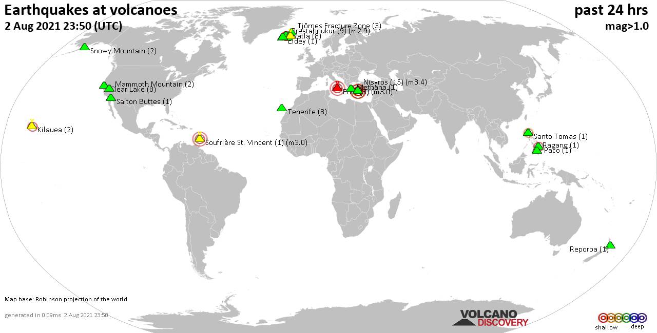 World map showing volcanoes with shallow (less than 20 km) earthquakes within 20 km radius  during the past 24 hours on  2 Aug 2021 Number in brackets indicate nr of quakes.
