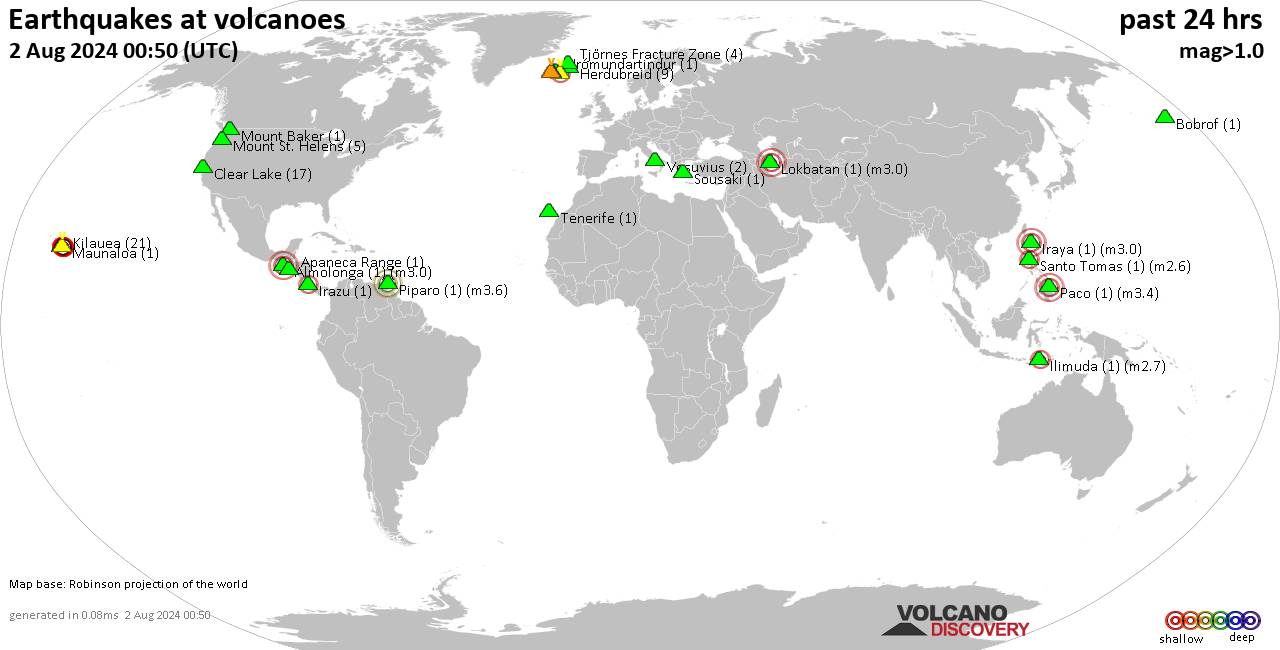 World map showing volcanoes with shallow (less than 50 km) earthquakes within 20 km radius  during the past 24 hours on  2 Aug 2024 Number in brackets indicate nr of quakes.