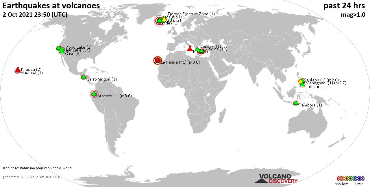 World map showing volcanoes with shallow (less than 20 km) earthquakes within 20 km radius  during the past 24 hours on  2 Oct 2021 Number in brackets indicate nr of quakes.