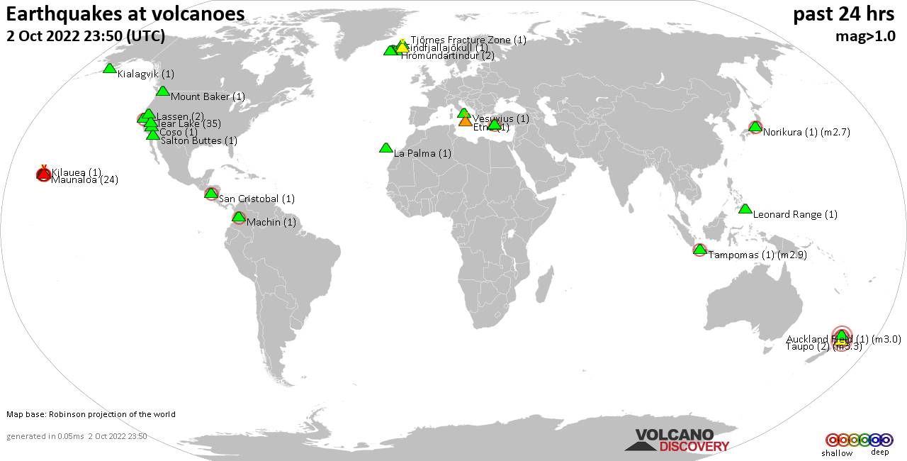 World map showing volcanoes with shallow (less than 50 km) earthquakes within 20 km radius  during the past 24 hours on  2 Oct 2022 Number in brackets indicate nr of quakes.