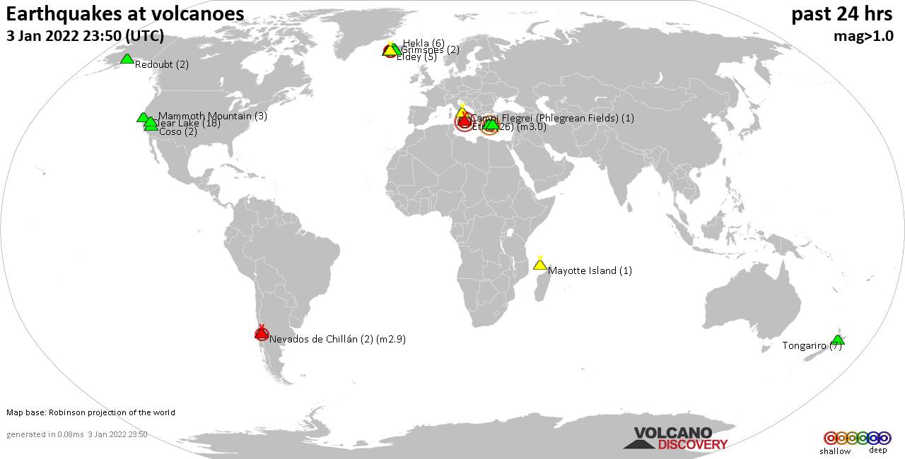 World map showing volcanoes with shallow (less than 50 km) earthquakes within 20 km radius  during the past 24 hours on  3 Jan 2022 Number in brackets indicate nr of quakes.
