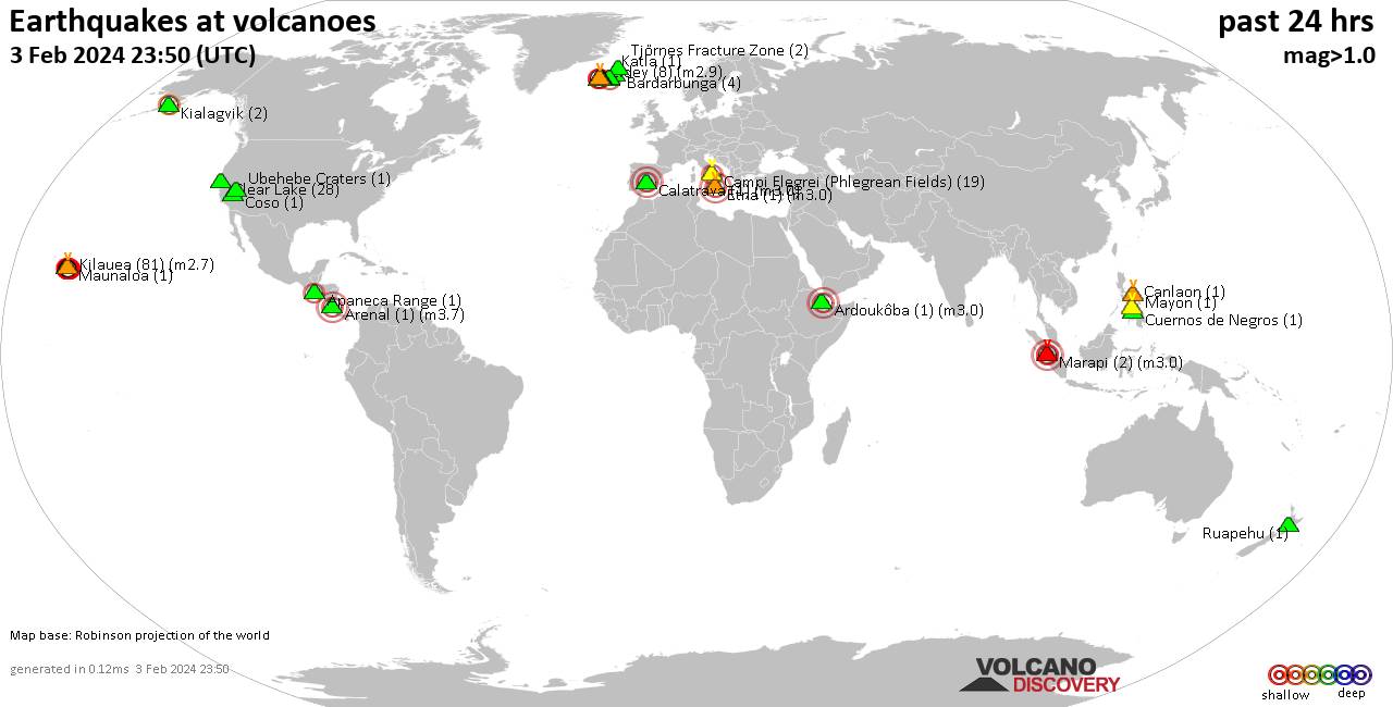World map showing volcanoes with shallow (less than 50 km) earthquakes within 20 km radius  during the past 24 hours on  3 Feb 2024 Number in brackets indicate nr of quakes.