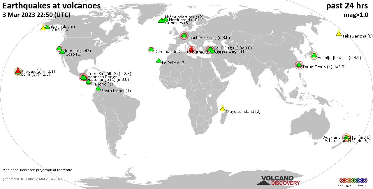 World map showing volcanoes with shallow (less than 50 km) earthquakes within 20 km radius  during the past 24 hours on  3 Mar 2023 Number in brackets indicate nr of quakes.