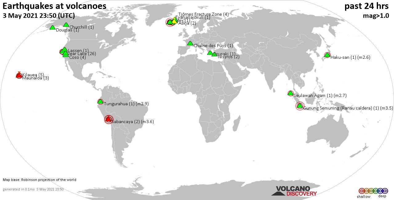 Peta dunia menunjukkan gunung berapi dengan gempa dangkal (kurang dari 20 km) dalam radius 20 km dalam 24 jam terakhir pada tanggal 3 Mei 2021 Angka dalam tanda kurung menunjukkan jumlah gempa bumi.