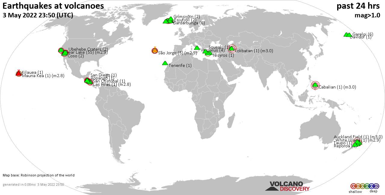World map showing volcanoes with shallow (less than 50 km) earthquakes within 20 km radius  during the past 24 hours on  3 May 2022 Number in brackets indicate nr of quakes.