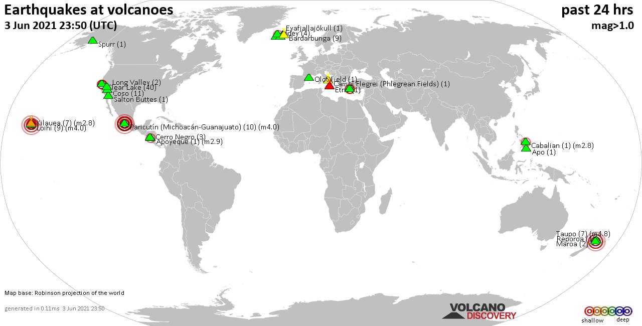 World map showing volcanoes with shallow (less than 20 km) earthquakes within 20 km radius  during the past 24 hours on  3 Jun 2021 Number in brackets indicate nr of quakes.