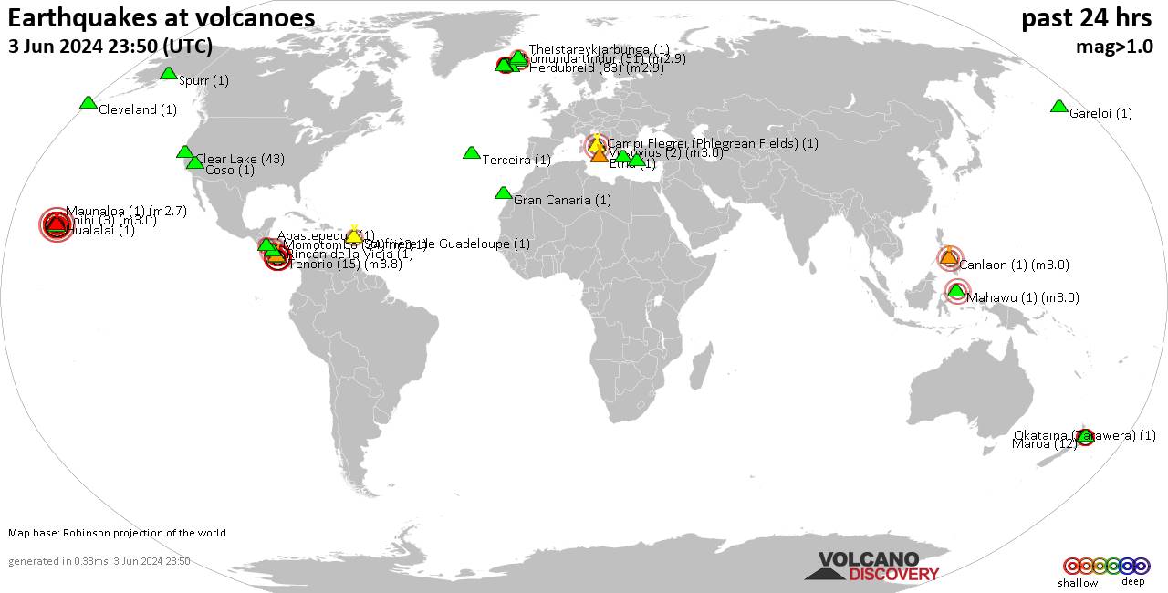 World map showing volcanoes with shallow (less than 50 km) earthquakes within 20 km radius  during the past 24 hours on  3 Jun 2024 Number in brackets indicate nr of quakes.
