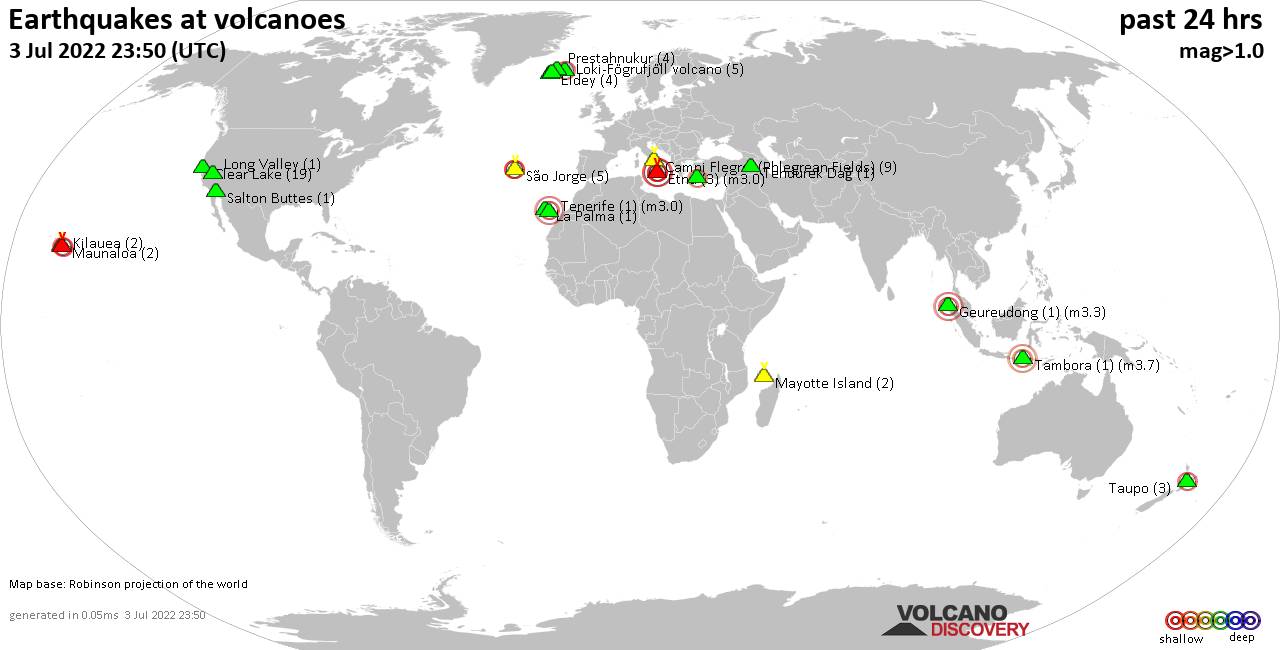 World map showing volcanoes with shallow (less than 50 km) earthquakes within 20 km radius  during the past 24 hours on  3 Jul 2022 Number in brackets indicate nr of quakes.
