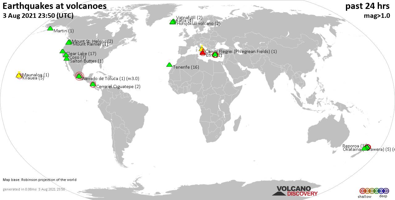 World map showing volcanoes with shallow (less than 20 km) earthquakes within 20 km radius  during the past 24 hours on  3 Aug 2021 Number in brackets indicate nr of quakes.