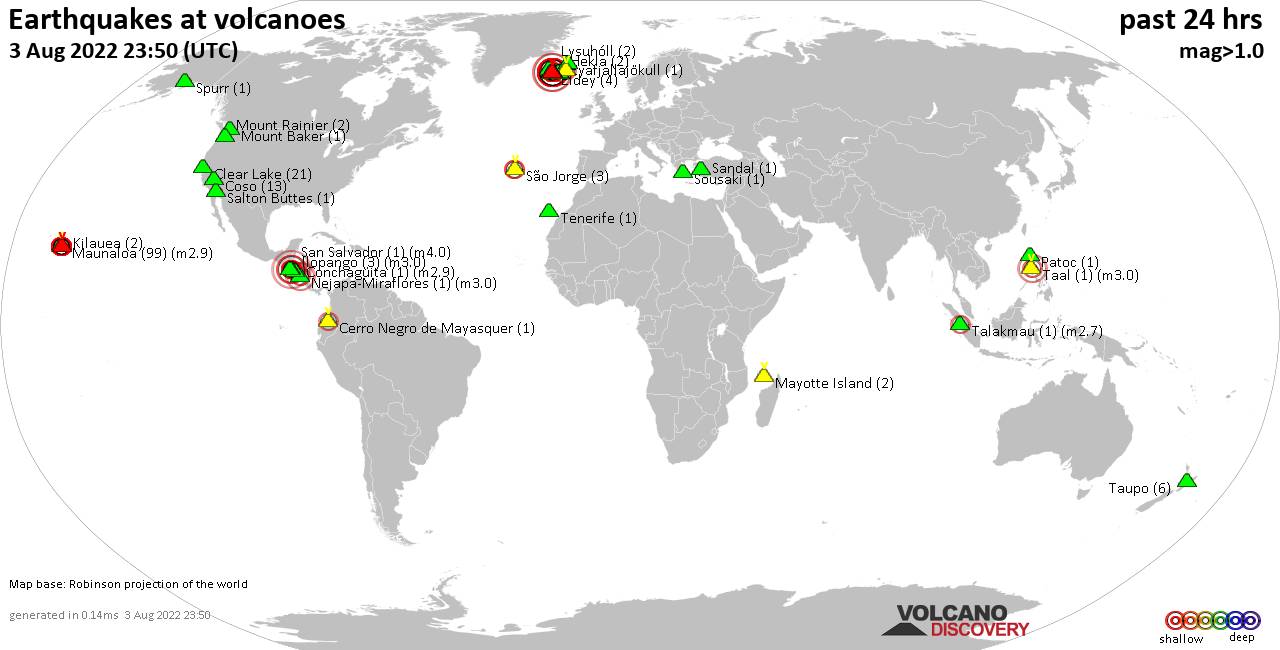 World map showing volcanoes with shallow (less than 50 km) earthquakes within 20 km radius  during the past 24 hours on  3 Aug 2022 Number in brackets indicate nr of quakes.