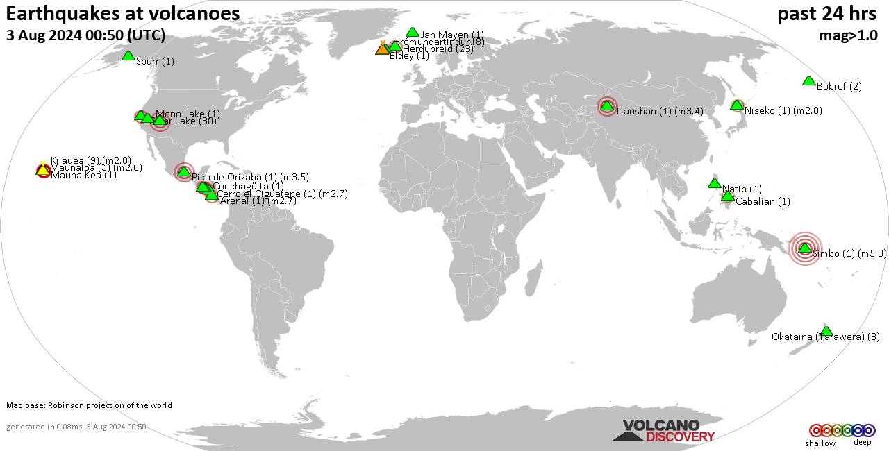 World map showing volcanoes with shallow (less than 50 km) earthquakes within 20 km radius  during the past 24 hours on  3 Aug 2024 Number in brackets indicate nr of quakes.