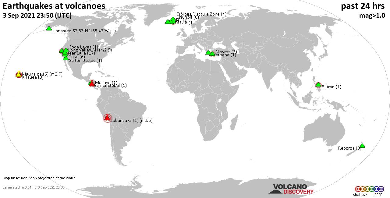 World map showing volcanoes with shallow (less than 20 km) earthquakes within 20 km radius  during the past 24 hours on  3 Sep 2021 Number in brackets indicate nr of quakes.