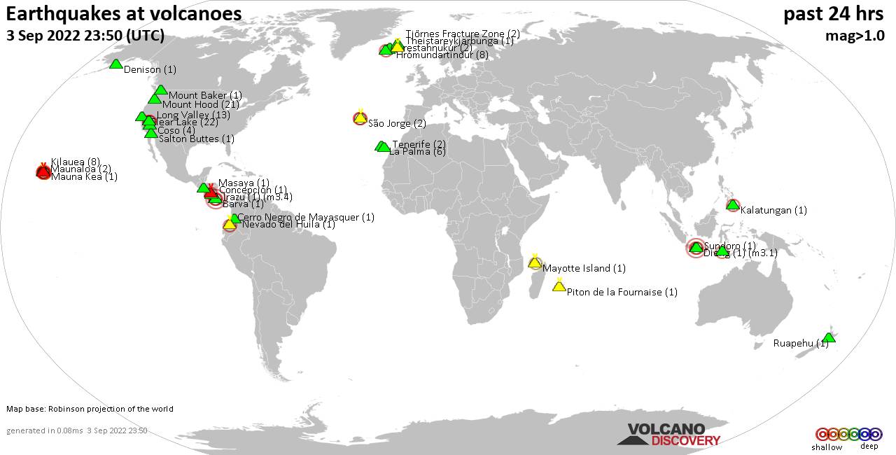 World map showing volcanoes with shallow (less than 50 km) earthquakes within 20 km radius  during the past 24 hours on  3 Sep 2022 Number in brackets indicate nr of quakes.