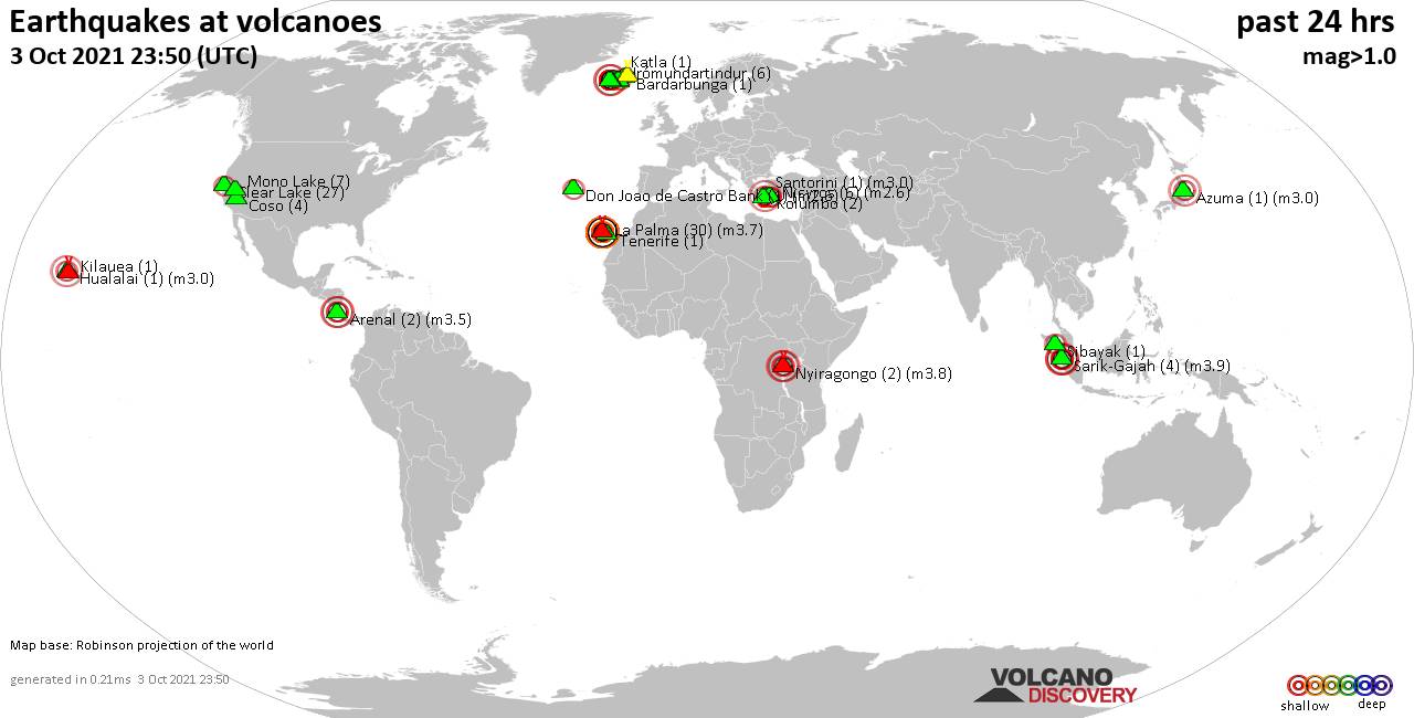 World map showing volcanoes with shallow (less than 20 km) earthquakes within 20 km radius  during the past 24 hours on  3 Oct 2021 Number in brackets indicate nr of quakes.