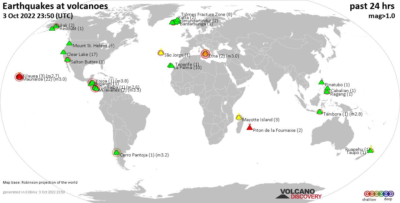 World map showing volcanoes with shallow (less than 50 km) earthquakes within 20 km radius  during the past 24 hours on  3 Oct 2022 Number in brackets indicate nr of quakes.