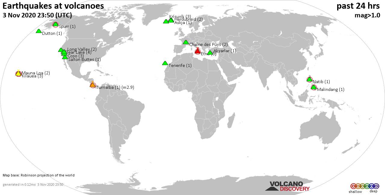 World map showing volcanoes with shallow (less than 20 km) earthquakes within 20 km radius  during the past 24 hours on  3 Nov 2020 Number in brackets indicate nr of quakes.