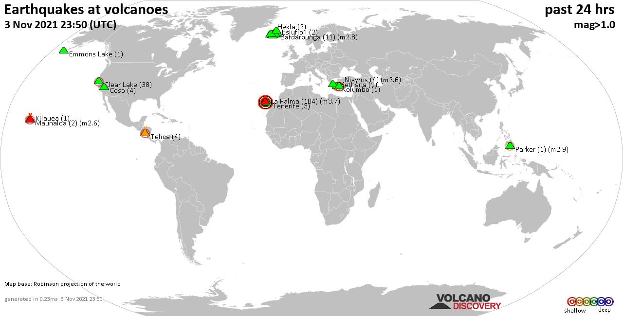 World map showing volcanoes with shallow (less than 20 km) earthquakes within 20 km radius  during the past 24 hours on  3 Nov 2021 Number in brackets indicate nr of quakes.