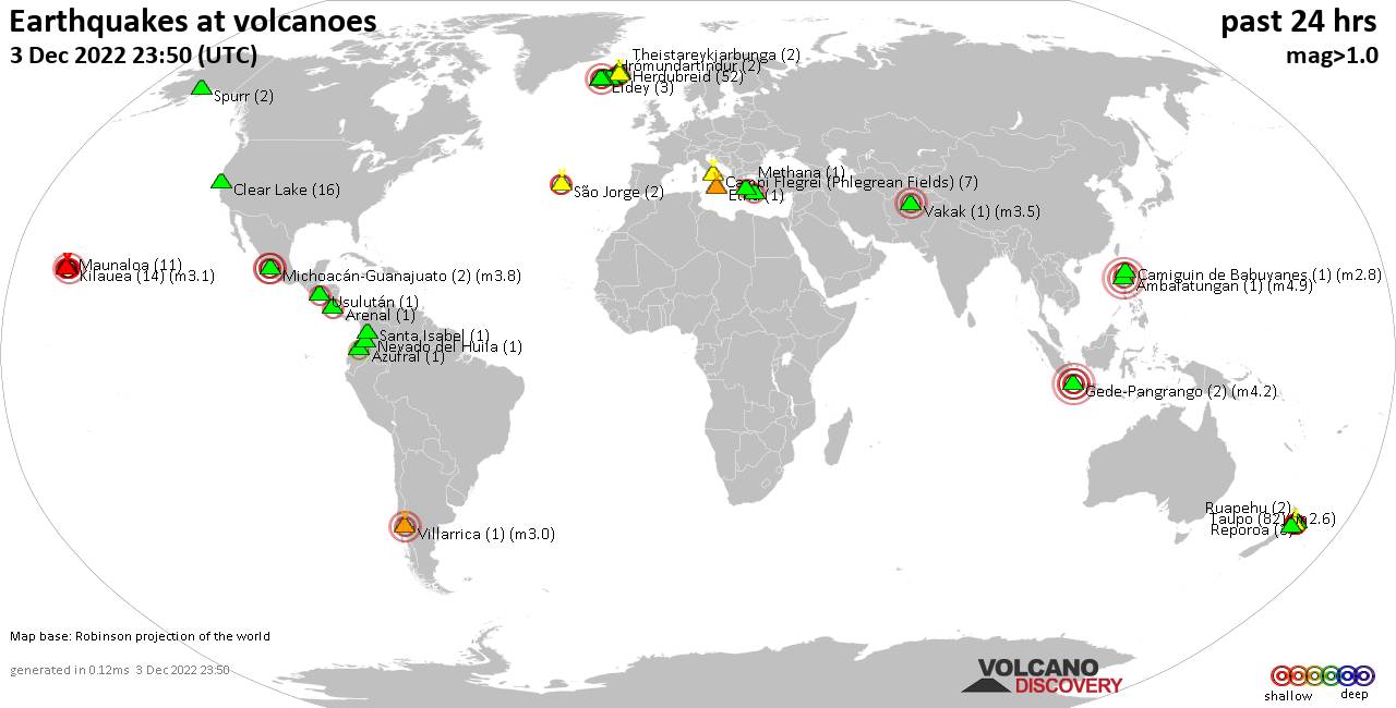 World map showing volcanoes with shallow (less than 50 km) earthquakes within 20 km radius  during the past 24 hours on  3 Dec 2022 Number in brackets indicate nr of quakes.