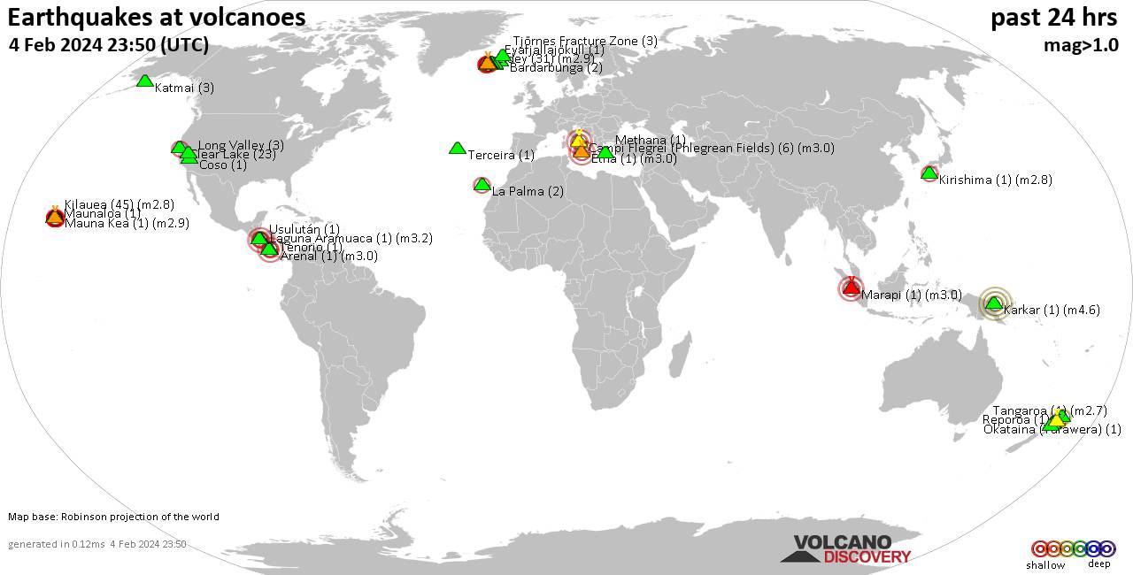 World map showing volcanoes with shallow (less than 50 km) earthquakes within 20 km radius  during the past 24 hours on  4 Feb 2024 Number in brackets indicate nr of quakes.