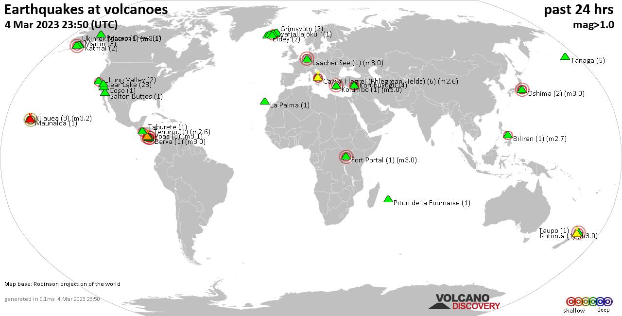 World map showing volcanoes with shallow (less than 50 km) earthquakes within 20 km radius  during the past 24 hours on  4 Mar 2023 Number in brackets indicate nr of quakes.