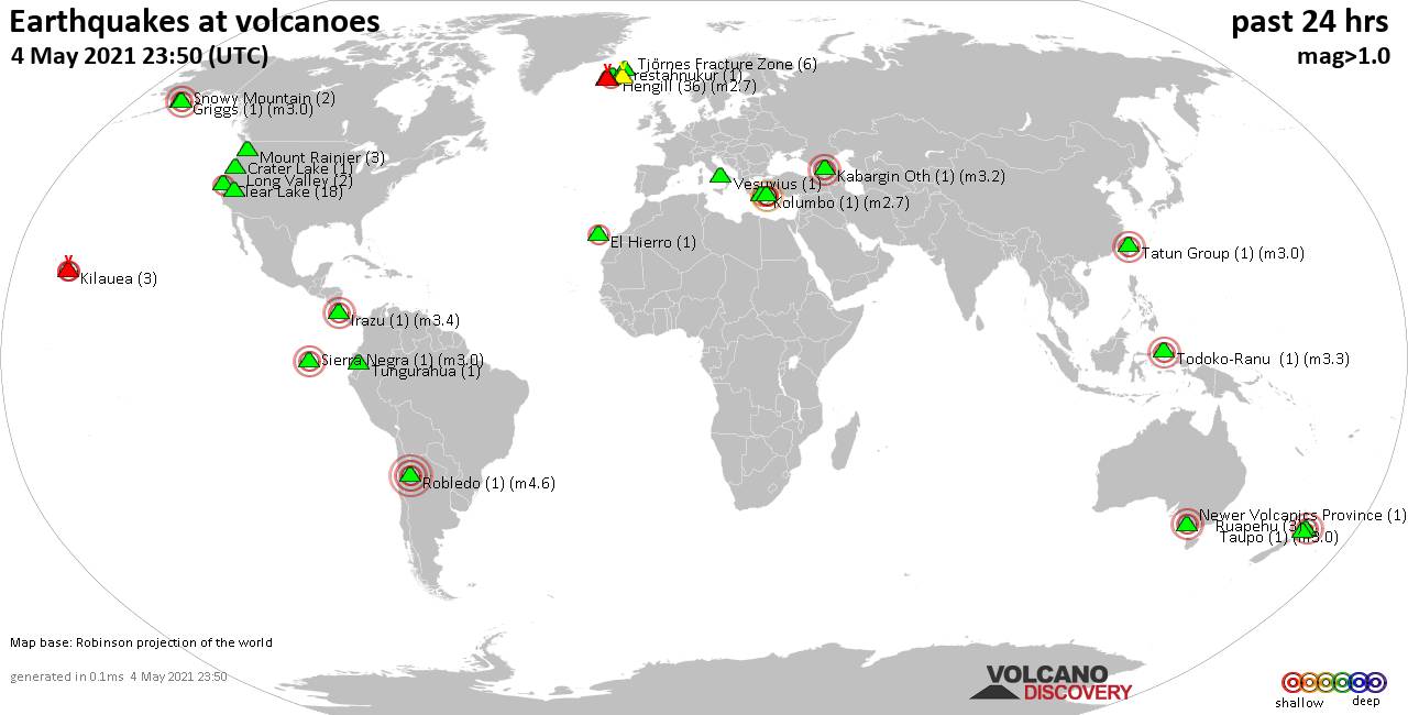 World map showing volcanoes with shallow (less than 20 km) earthquakes within 20 km radius  during the past 24 hours on  4 May 2021 Number in brackets indicate nr of quakes.