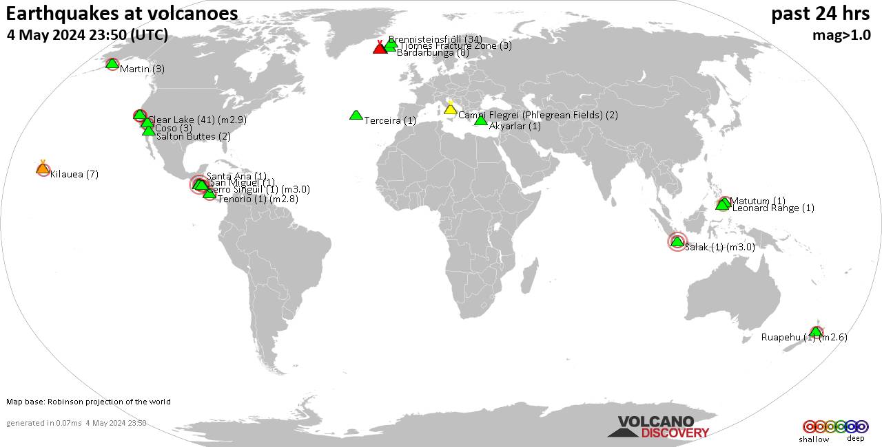 World map showing volcanoes with shallow (less than 50 km) earthquakes within 20 km radius  during the past 24 hours on  4 May 2024 Number in brackets indicate nr of quakes.