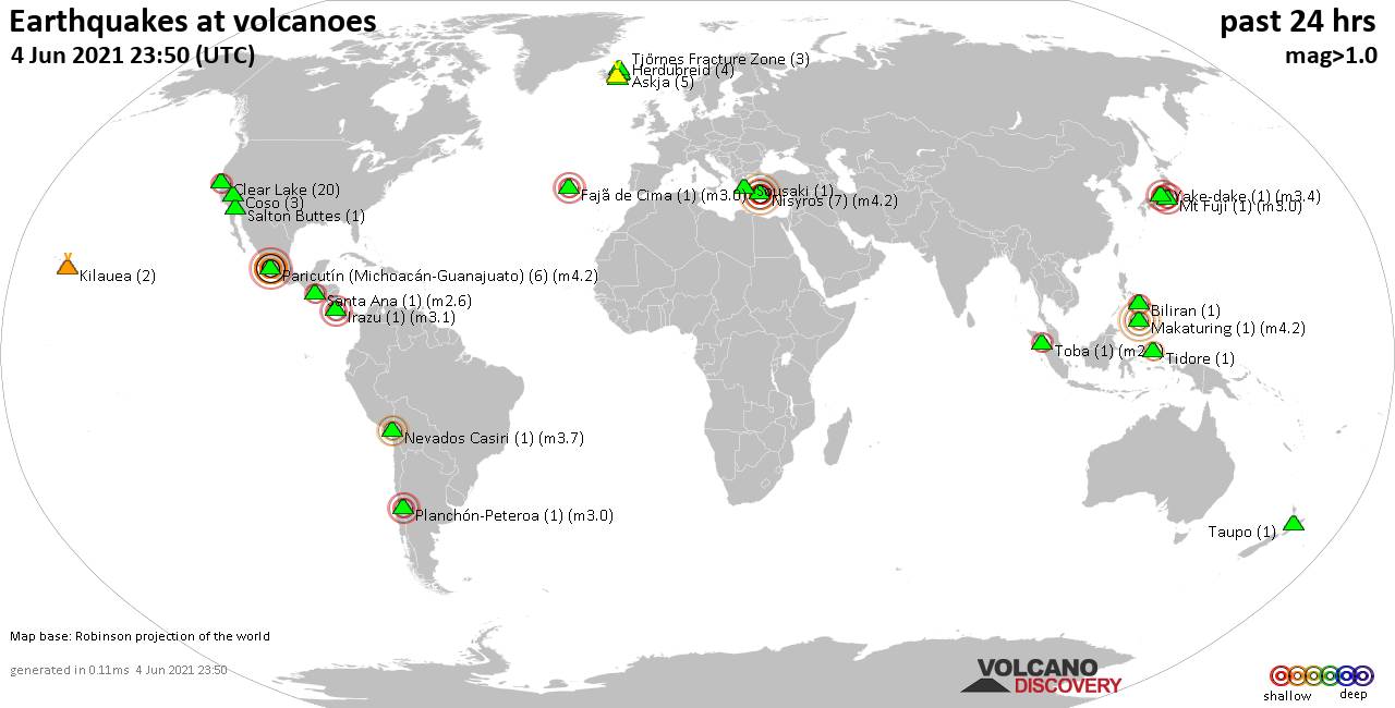 World map showing volcanoes with shallow (less than 20 km) earthquakes within 20 km radius  during the past 24 hours on  4 Jun 2021 Number in brackets indicate nr of quakes.