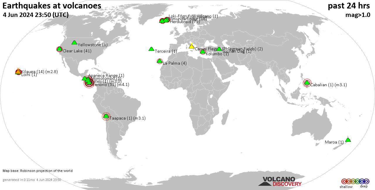 World map showing volcanoes with shallow (less than 50 km) earthquakes within 20 km radius  during the past 24 hours on  4 Jun 2024 Number in brackets indicate nr of quakes.