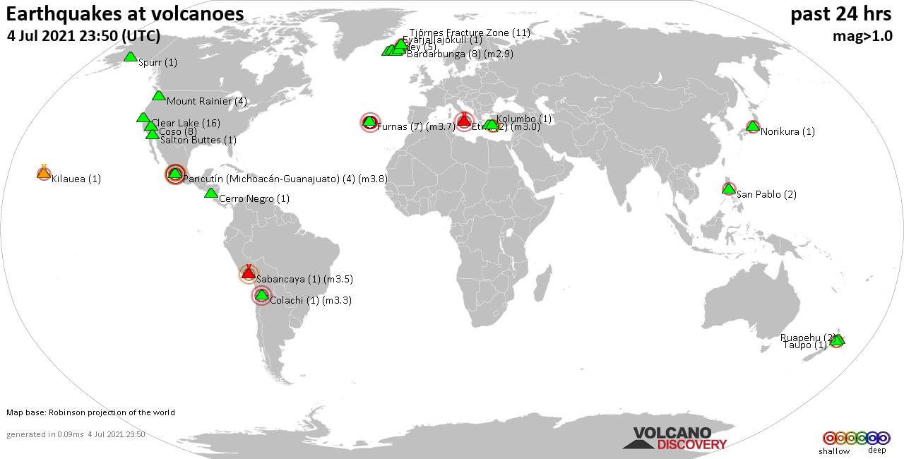 World map showing volcanoes with shallow (less than 20 km) earthquakes within 20 km radius  during the past 24 hours on  4 Jul 2021 Number in brackets indicate nr of quakes.