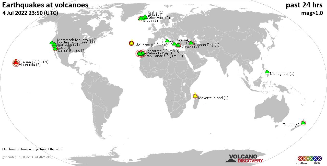 World map showing volcanoes with shallow (less than 50 km) earthquakes within 20 km radius  during the past 24 hours on  4 Jul 2022 Number in brackets indicate nr of quakes.