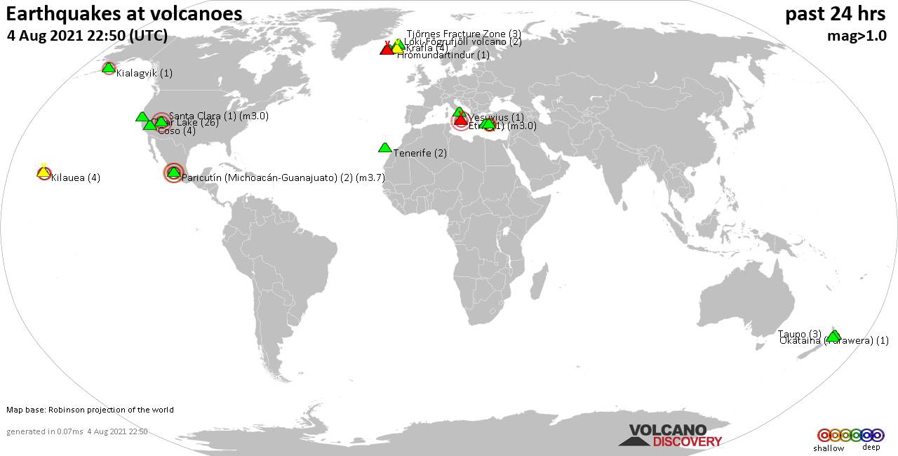 World map showing volcanoes with shallow (less than 20 km) earthquakes within 20 km radius  during the past 24 hours on  4 Aug 2021 Number in brackets indicate nr of quakes.