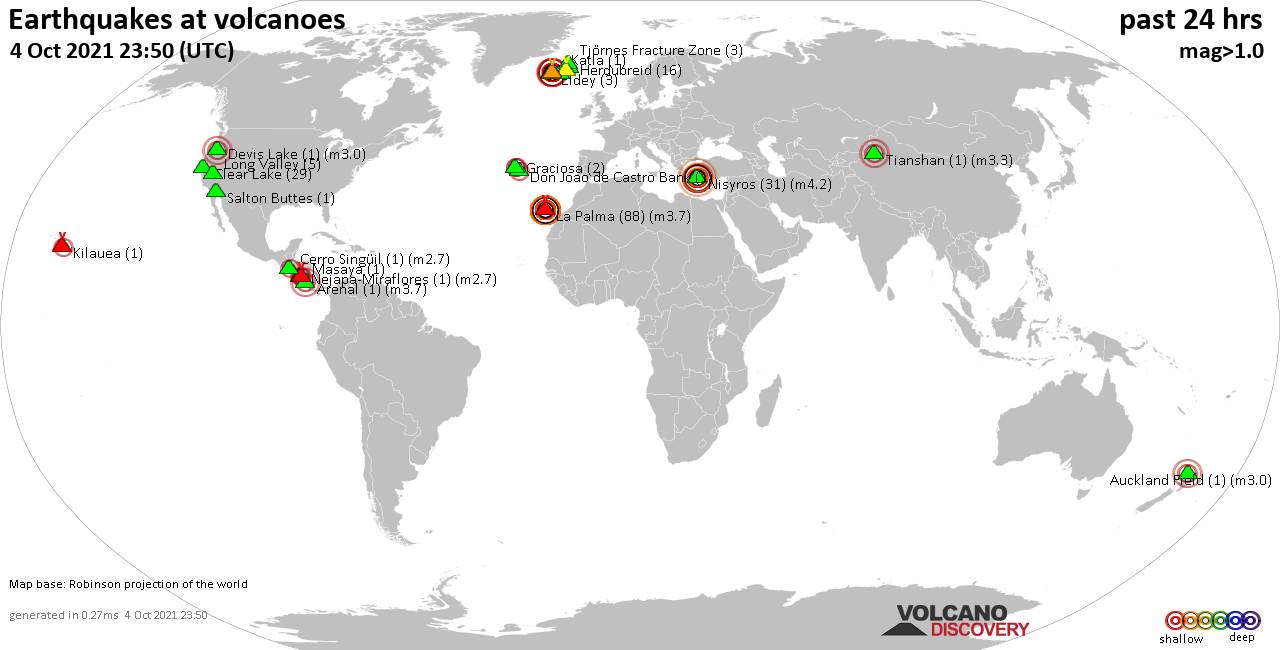 World map showing volcanoes with shallow (less than 20 km) earthquakes within 20 km radius  during the past 24 hours on  4 Oct 2021 Number in brackets indicate nr of quakes.