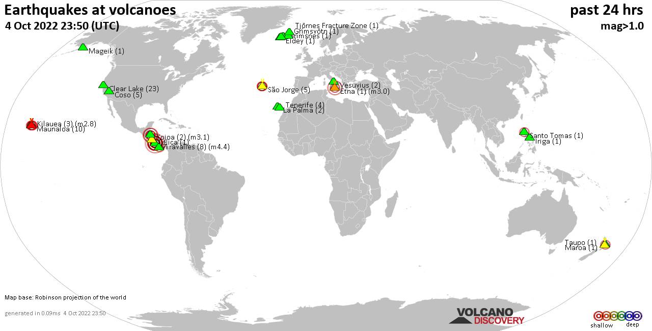 World map showing volcanoes with shallow (less than 50 km) earthquakes within 20 km radius  during the past 24 hours on  4 Oct 2022 Number in brackets indicate nr of quakes.