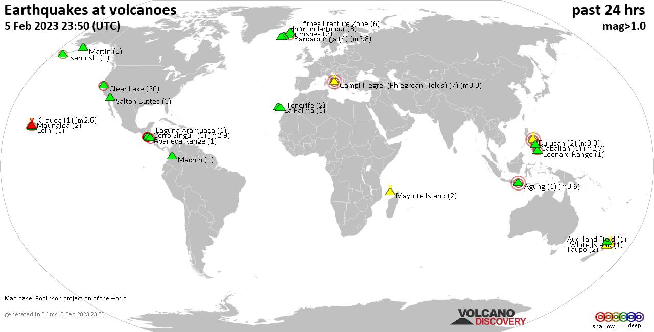World map showing volcanoes with shallow (less than 50 km) earthquakes within 20 km radius  during the past 24 hours on  5 Feb 2023 Number in brackets indicate nr of quakes.