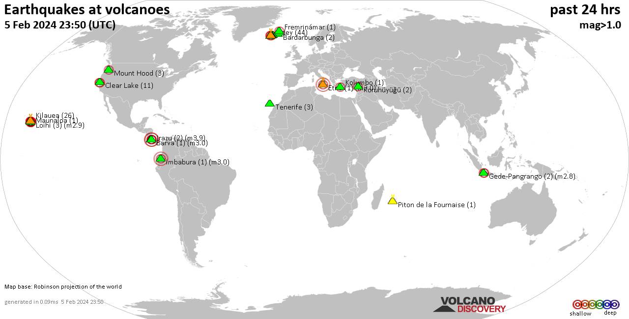 World map showing volcanoes with shallow (less than 50 km) earthquakes within 20 km radius  during the past 24 hours on  5 Feb 2024 Number in brackets indicate nr of quakes.