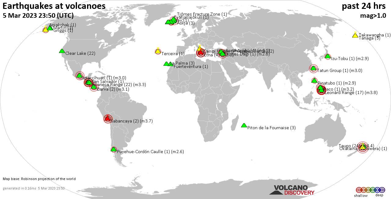 World map showing volcanoes with shallow (less than 50 km) earthquakes within 20 km radius  during the past 24 hours on  5 Mar 2023 Number in brackets indicate nr of quakes.