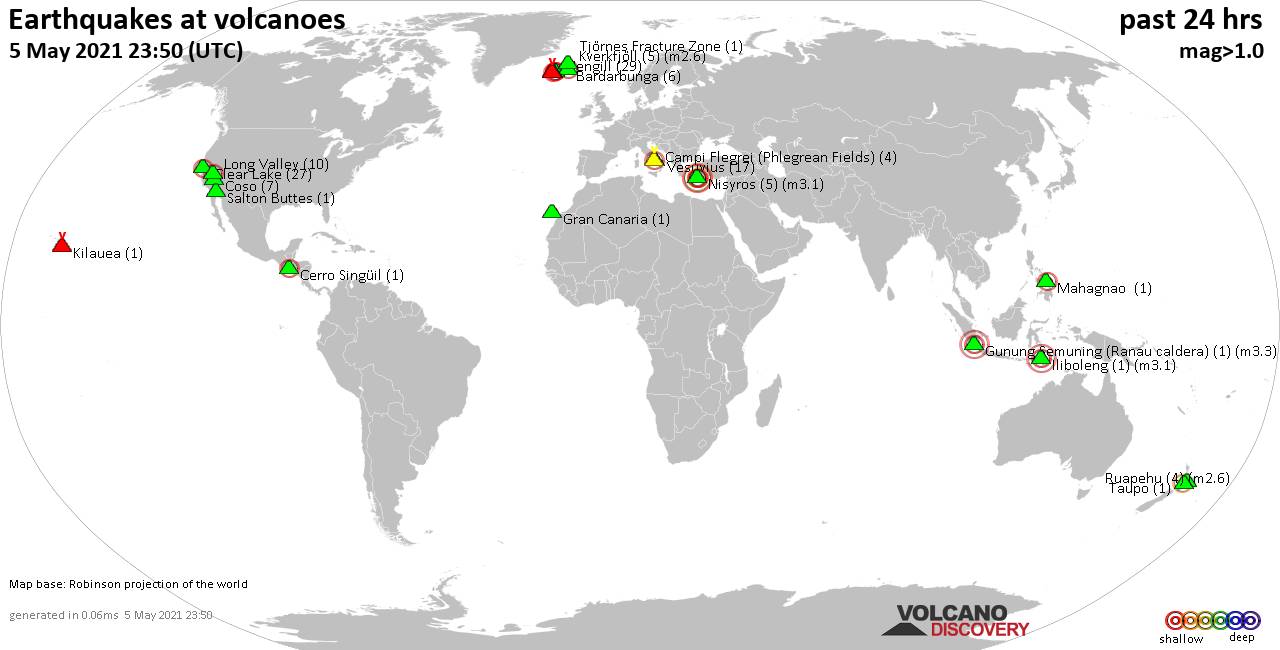 2021年5月5日、過去24時間の間に半径20km以内の浅い（20km未満）地震が発生した火山を示した世界地図括弧内の数字は、地震の回数を表します。