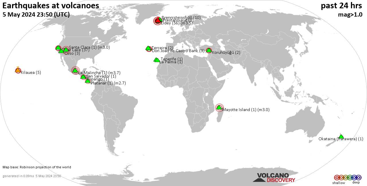 World map showing volcanoes with shallow (less than 50 km) earthquakes within 20 km radius  during the past 24 hours on  5 May 2024 Number in brackets indicate nr of quakes.