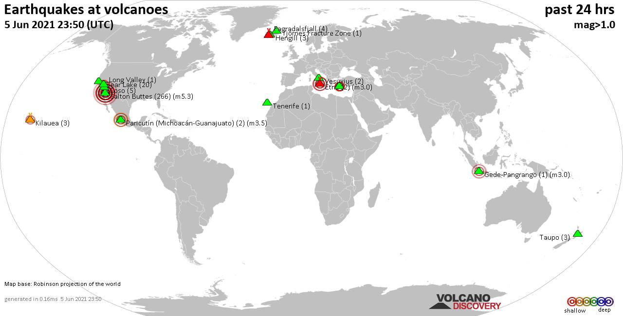 World map showing volcanoes with shallow (less than 20 km) earthquakes within 20 km radius  during the past 24 hours on  5 Jun 2021 Number in brackets indicate nr of quakes.
