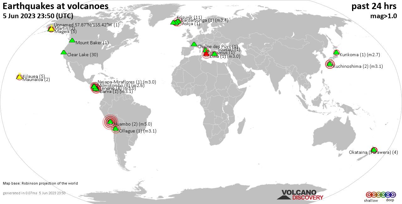World map showing volcanoes with shallow (less than 50 km) earthquakes within 20 km radius  during the past 24 hours on  5 Jun 2023 Number in brackets indicate nr of quakes.