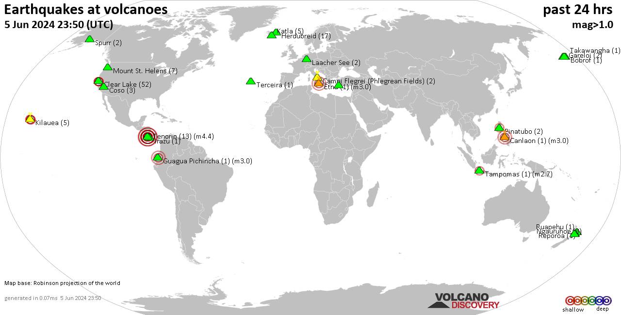 World map showing volcanoes with shallow (less than 50 km) earthquakes within 20 km radius  during the past 24 hours on  5 Jun 2024 Number in brackets indicate nr of quakes.