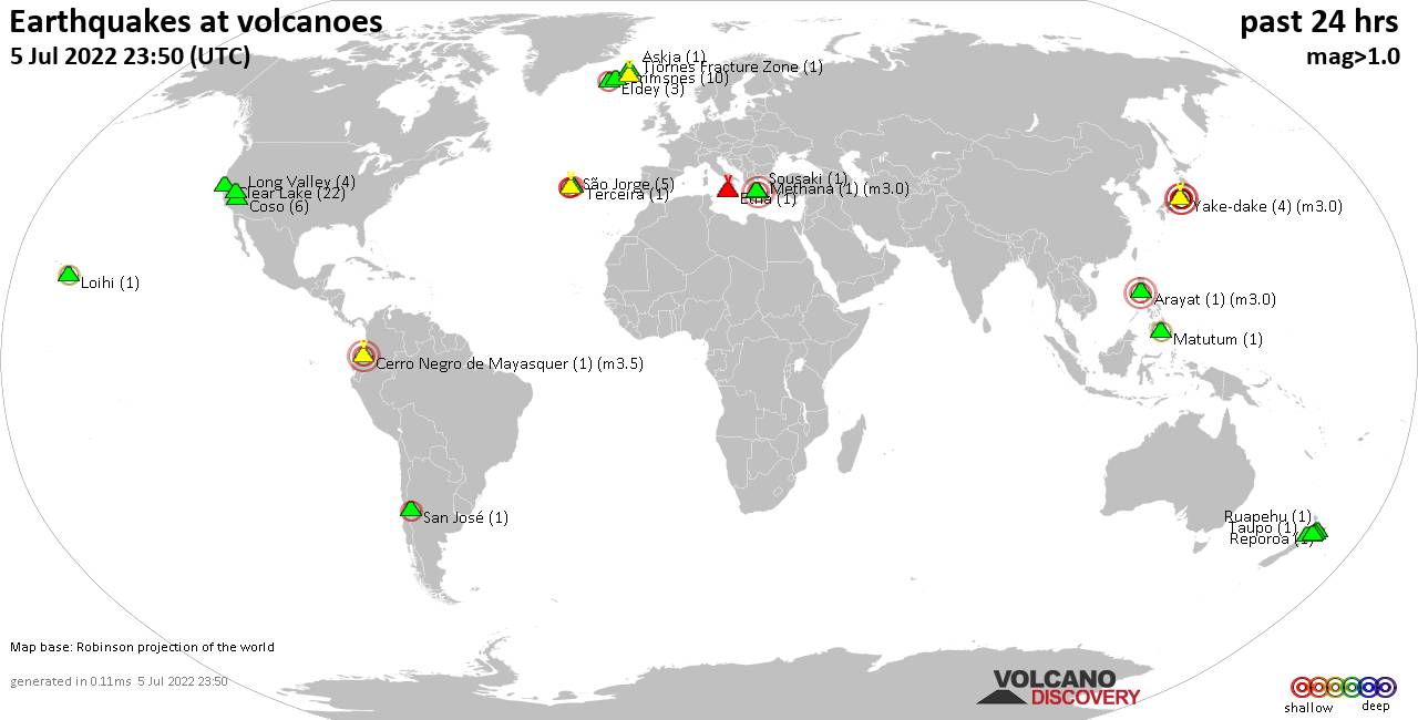 World map showing volcanoes with shallow (less than 50 km) earthquakes within 20 km radius  during the past 24 hours on  5 Jul 2022 Number in brackets indicate nr of quakes.