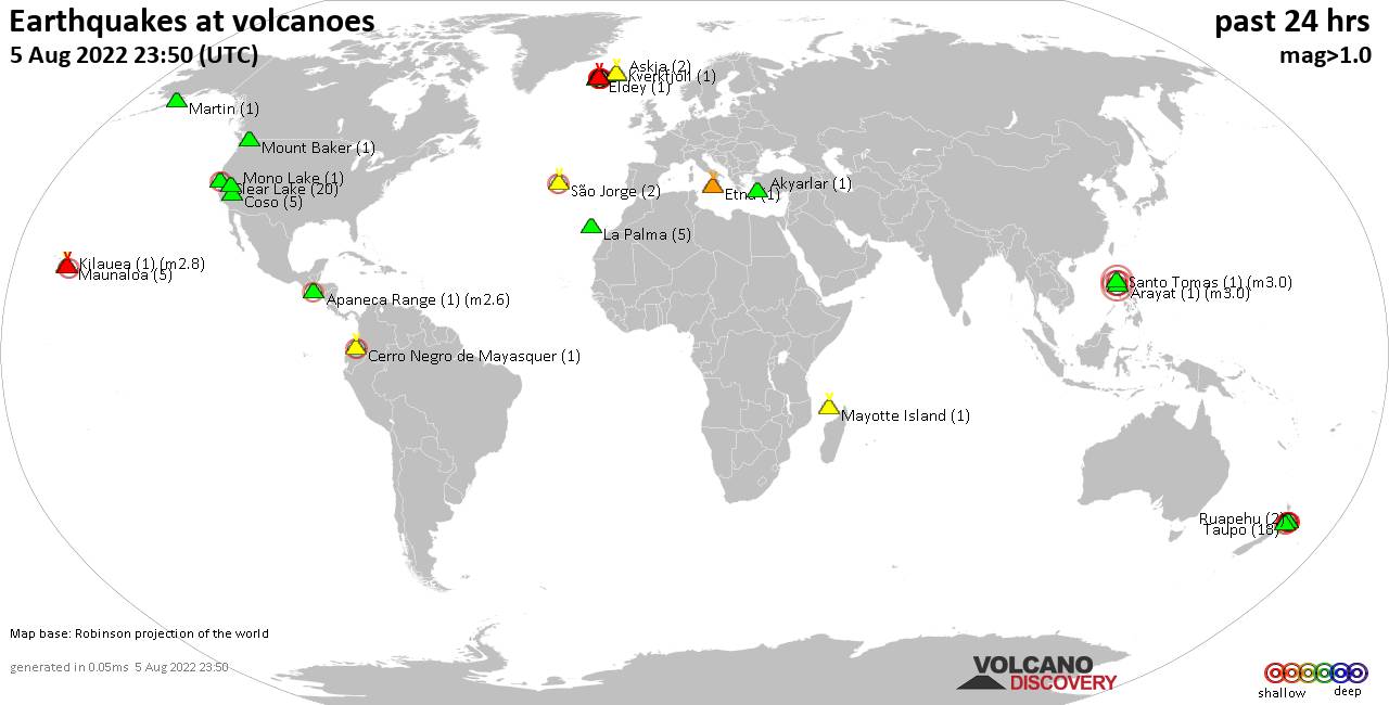 World map showing volcanoes with shallow (less than 50 km) earthquakes within 20 km radius  during the past 24 hours on  5 Aug 2022 Number in brackets indicate nr of quakes.
